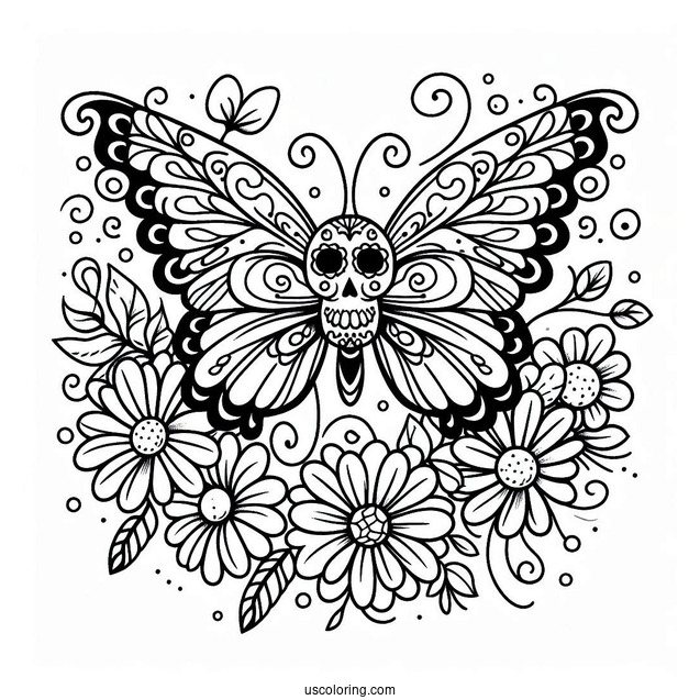 Butterfly Flying To A Sugar Skulls Coloring Page With Flowers