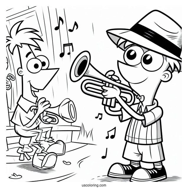 Phineas And Ferb Coloring Page Playing Trumpet For Kids