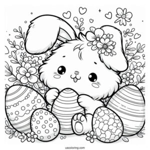 Easter Coloring Page Of Fluffy Kawaii Rabbit Surrounded By Easter Eggs