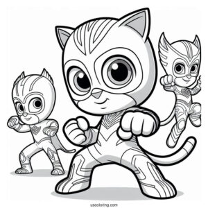 PJ Masks Coloring Page Of Owlette, Catboy, And Gekko In Fighting Stance