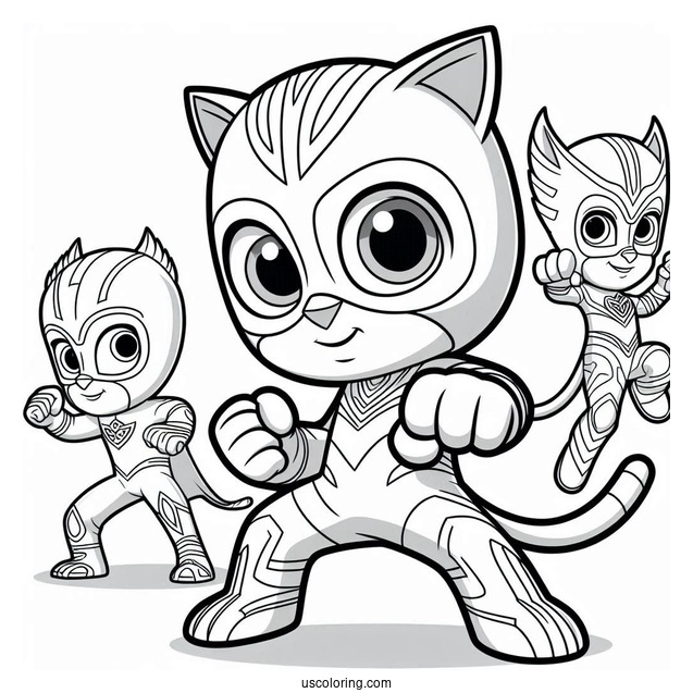 PJ Masks Coloring Page Of Owlette, Catboy, And Gekko In Fighting Stance