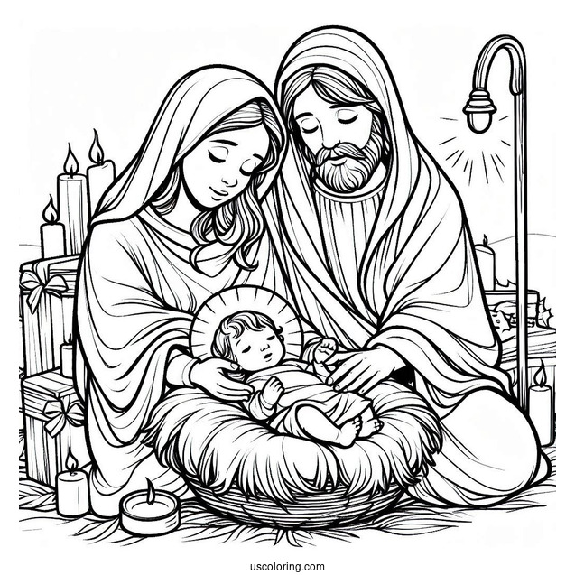 Nativity Coloring Page Of Mary And Joseph Cradling Newborn Jesus