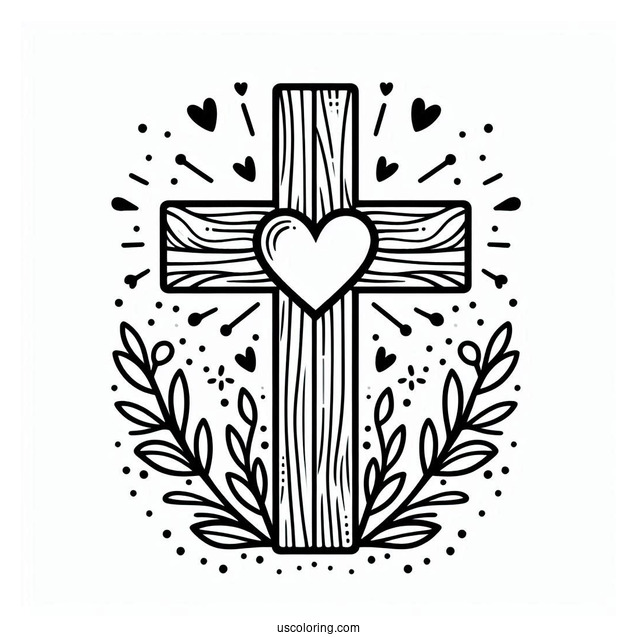 Cross Coloring Page With Love Heart For Preschoolers