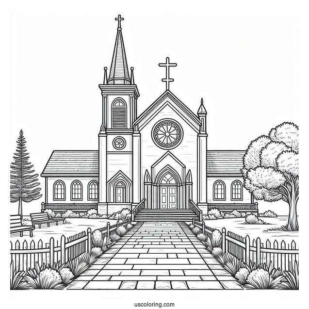 Large Catholic Church Coloring Page With A Walkway For Kids