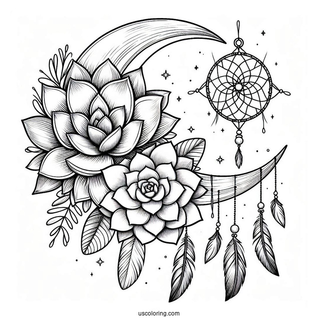 Succulent Coloring Page On A Crescent Moon Dreamcatcher