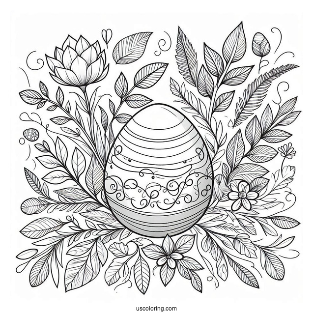 Easter Egg Coloring Page With Leafy Vines and Petals For Adults