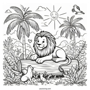 Lion With Birds Under The Sun In Jungle Coloring Page