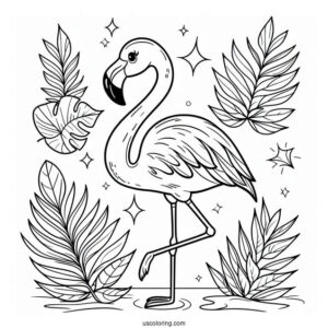 Summer Themed Flamingo With Tropical Leaves