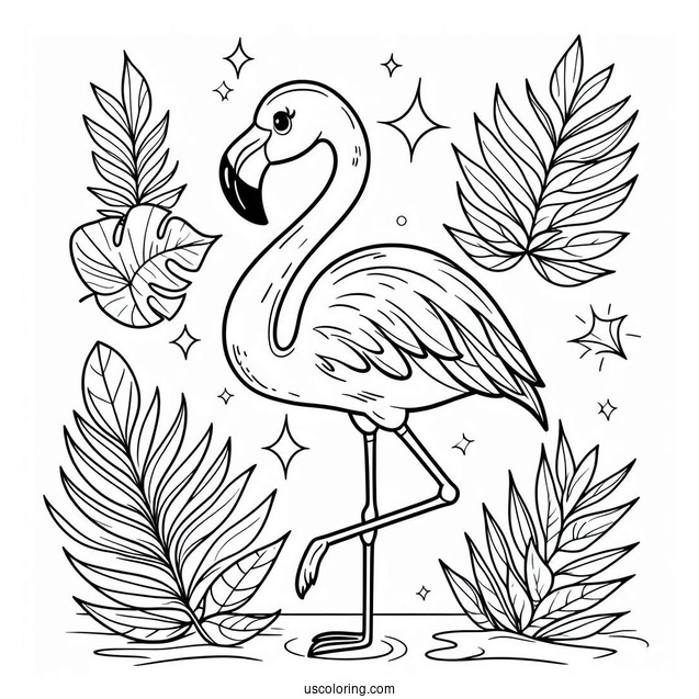 Summer Themed Flamingo With Tropical Leaves