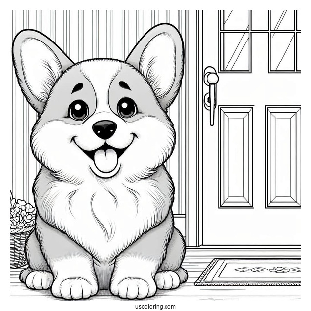 Smiling Corgi In Front Of Door To Color