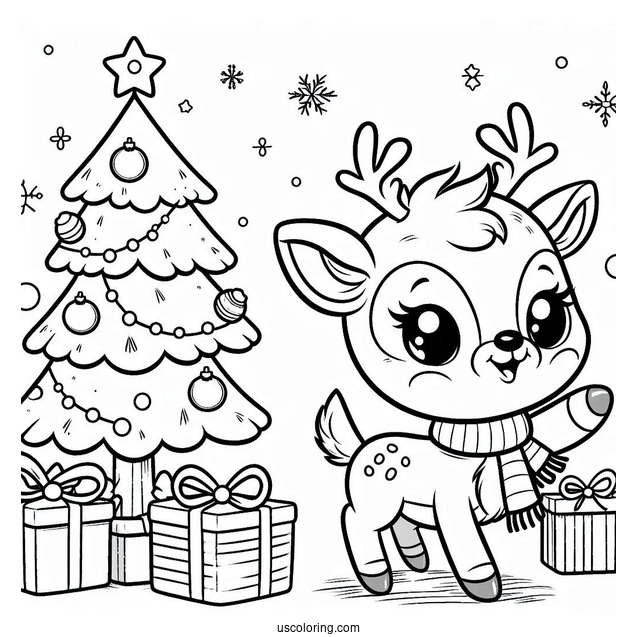 Adorable Little Rudolph Coloring Page Beside A Christmas Tree For Preschoolers