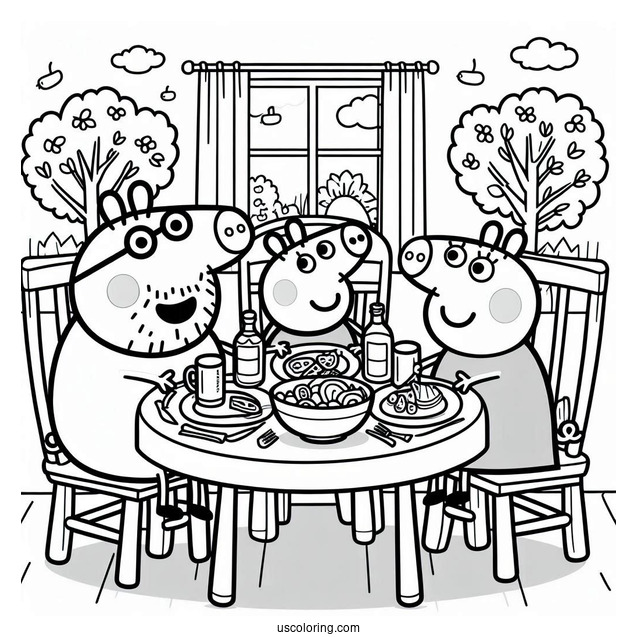 Peppa Pig Family Eating Dinner At Table Coloring