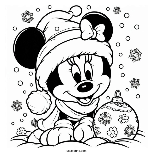 Minnie Mouse Wearing Santa Hat In Snow To Color