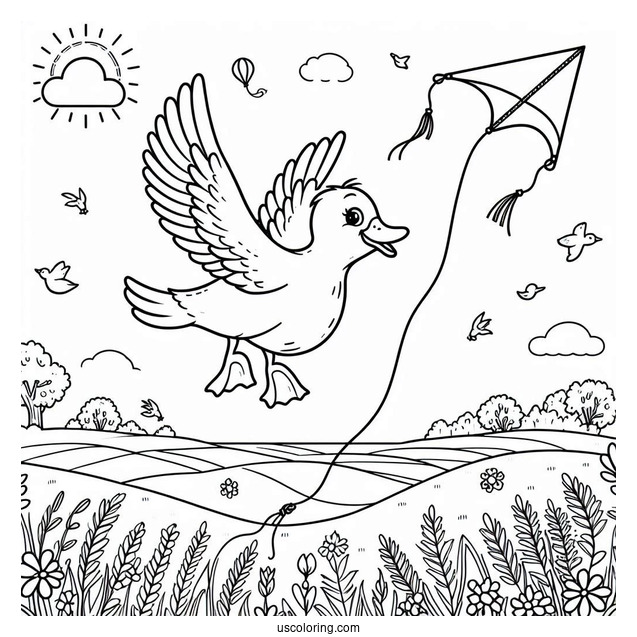 Duck Flying a Kite in the Countryside Coloring Page