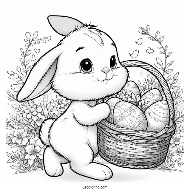 Realistic Bunny Carrying A Basket Of Easter Coloring Page Of Eggs