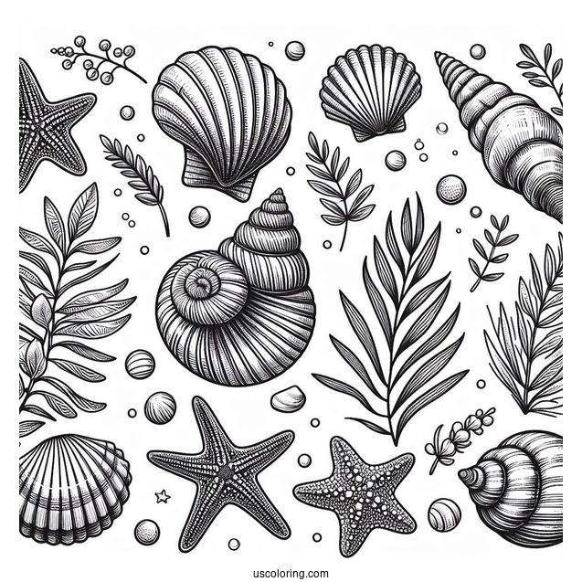 Summer Coloring Page Of Full Page Realistic Seashells