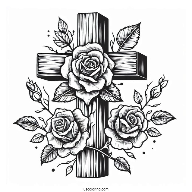 Wooden Cross With Roses To Color