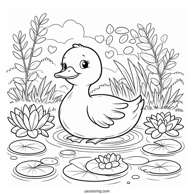 Peaceful Duck on Lily Pad in Pond Coloring Sheet For Preschoolers