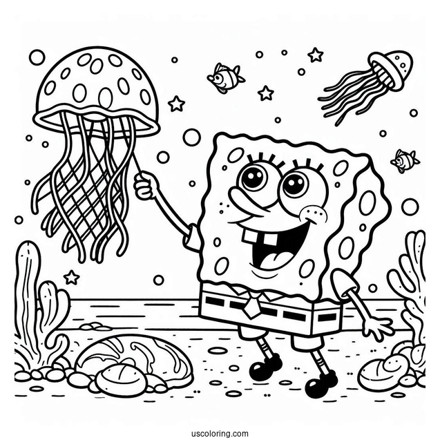 SpongeBob Catching Jellyfish With Net To Color