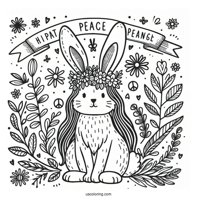 Hippie Rabbit Coloring Page With Peace Banner On Top