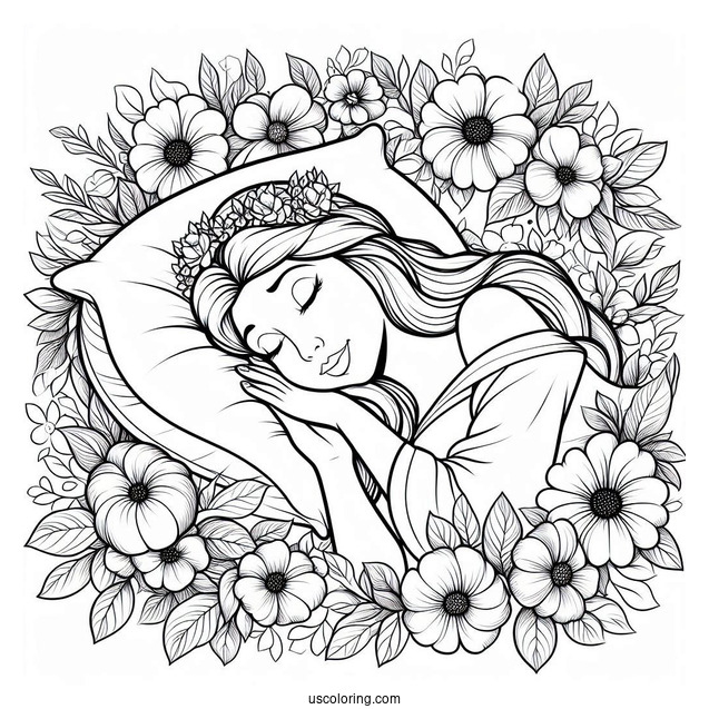 Sleeping Beauty Coloring Page Surrounded By Flowers