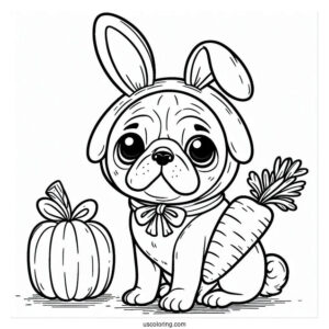 Pug Coloring Page in Bunny Costume Holding Carrot For Kids