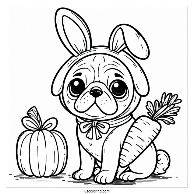 Pug Coloring Page in Bunny Costume Holding Carrot For Kids