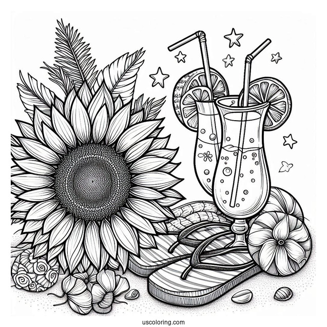Summer Coloring Page Of Sunflower, Flip Flops, And Cocktails