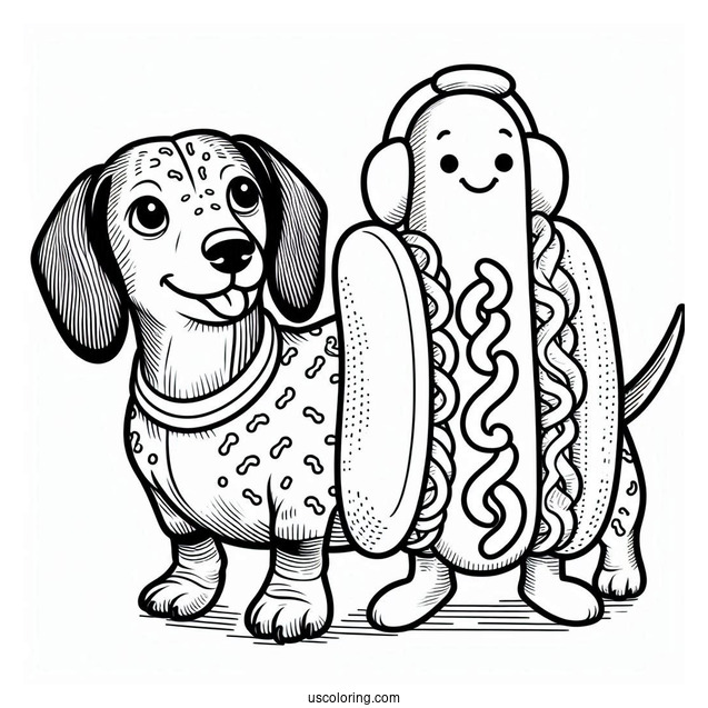 Dachshund Coloring Page In Hotdog Costume