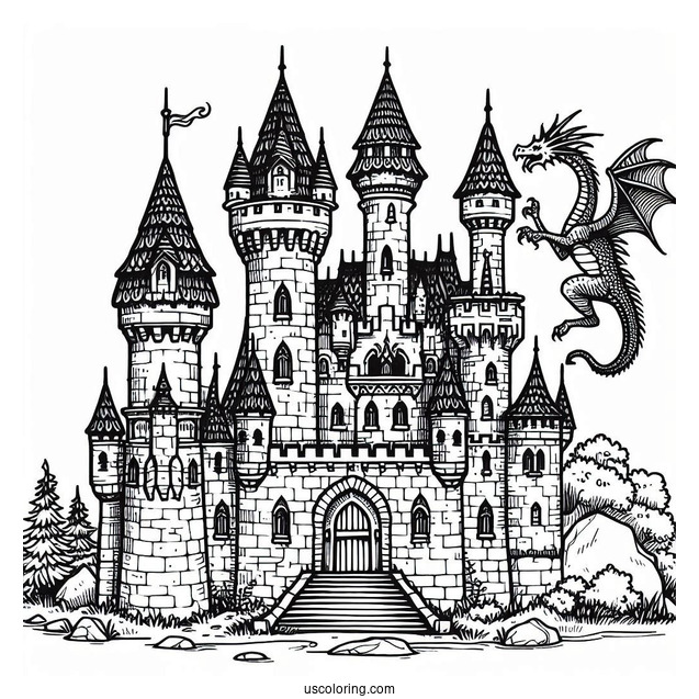 Middle Ages Castle Coloring Page With Dragon