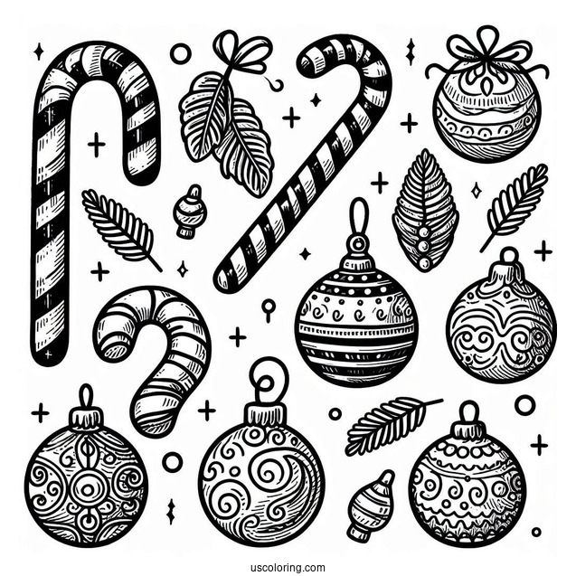 Candy Cane And Christmas Ornaments To Color