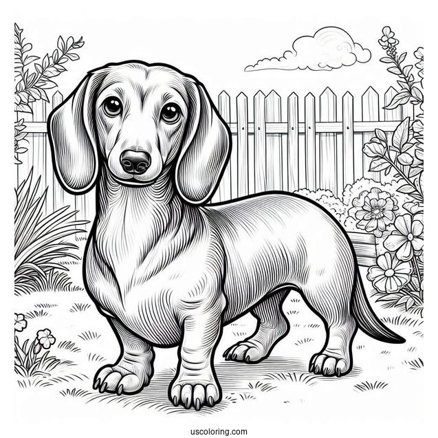 Realistic Dachshund Coloring Page In The Backyard