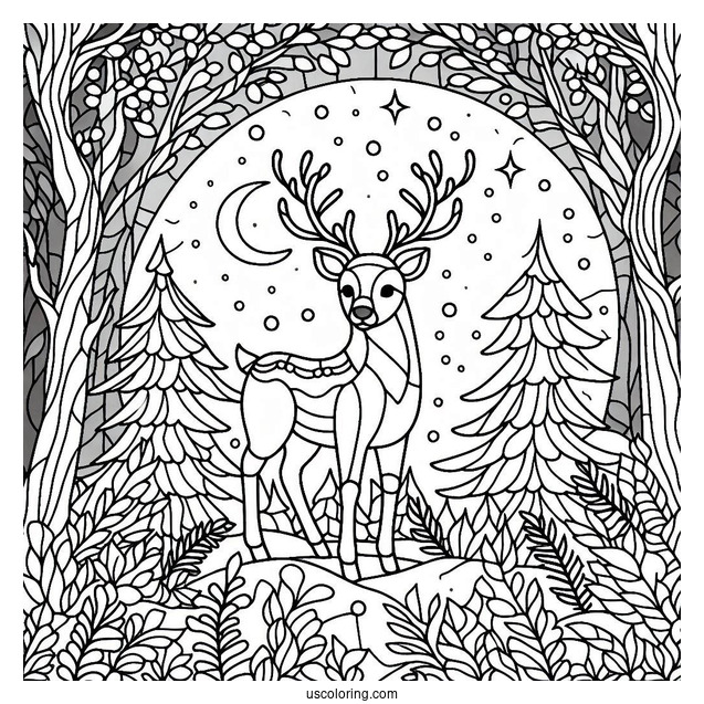Simple Reindeer In The Forest Stained Glass Coloring Page