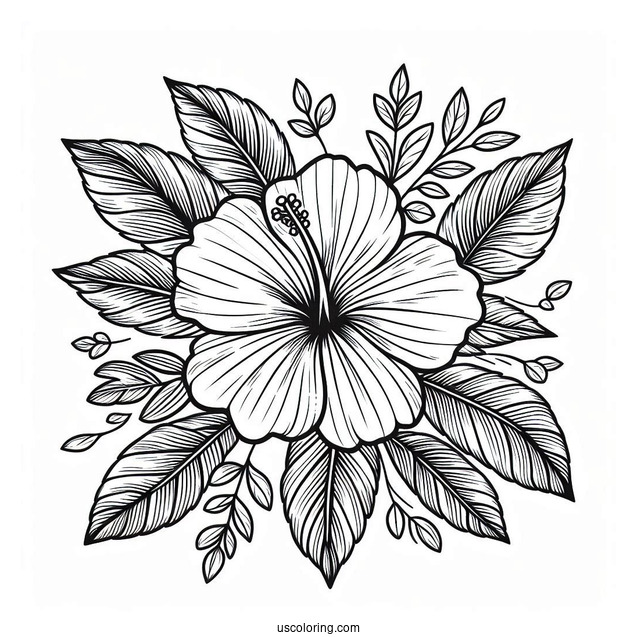 Flower Coloring Pages Of Large Hibiscus Among Leaves