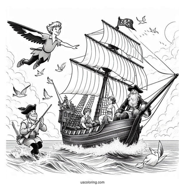 Peter Pan And Wendy Flying Over Captain Hook_s Ship Coloring Page