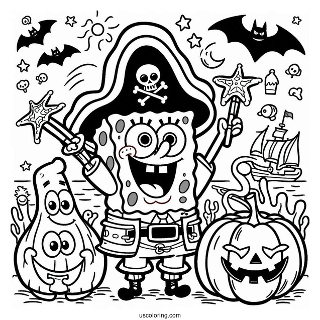 Pirate Patrick Star And SpongeBob Coloring Page On Halloween