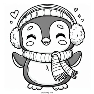 Happy Little Penguin Wearing Scarf Coloring In