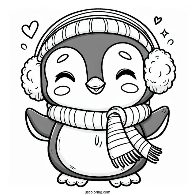Happy Little Penguin Wearing Scarf Coloring In
