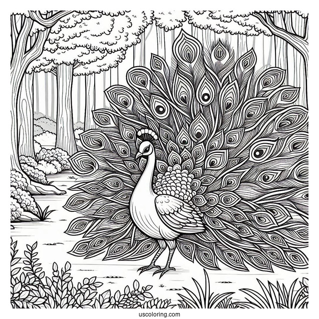 Peacock Coloring Page with Fully Fanned Tail in Forest Clearing For Adults