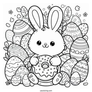 Easter Bunny Donut Coloring Page Surrounded By Eggs