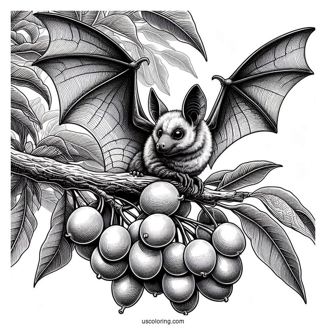 Close Up Of Realistic Bat Coloring Page Roosting On Fruit Tree