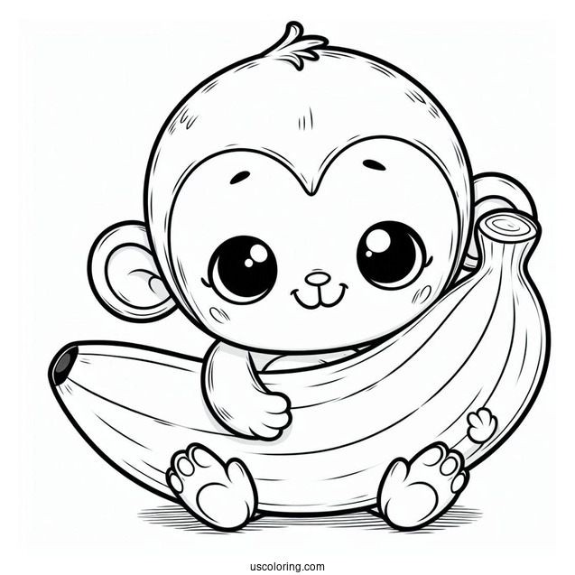 Cute Monkey Hugging A Large Banana Coloring Page