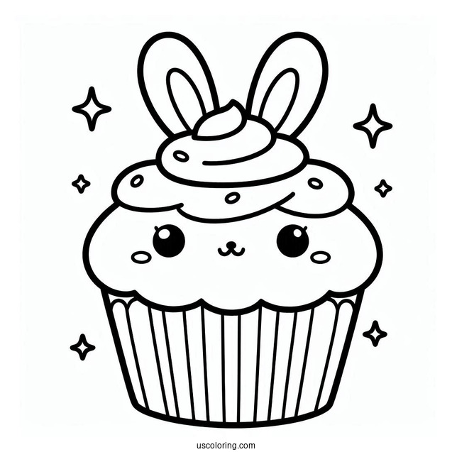 Cute Kawaii Cupcake With Bunny To Color