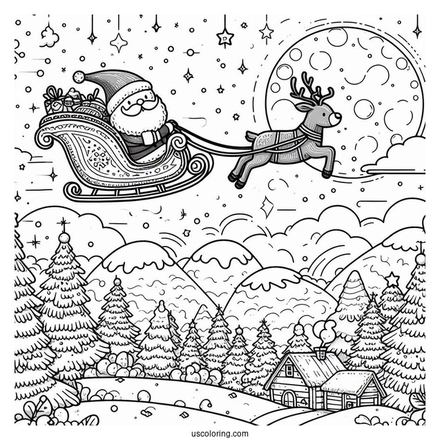 Santa Flying On A Sleigh Over The North Pole Coloring Page For Kids
