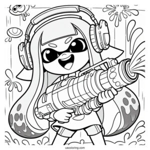 Splatoon Coloring Page Of Happy Pink Inkling Girl Shooting Inkjet