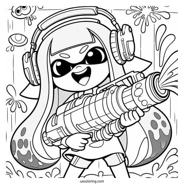 Splatoon Coloring Page Of Happy Pink Inkling Girl Shooting Inkjet