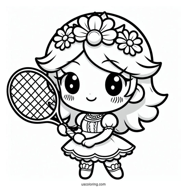 Kawaii Chibi Princess Daisy Coloring Page Holding Tennis Racket For Preschoolers