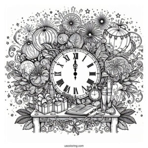 Large Party With A Massive Clock Striking Twelve On The New Year Coloring Page