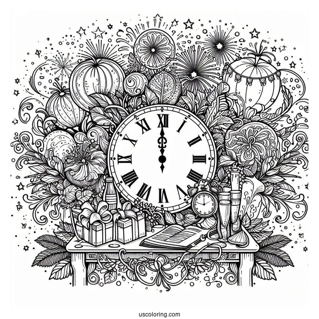 Large Party With A Massive Clock Striking Twelve On The New Year Coloring Page
