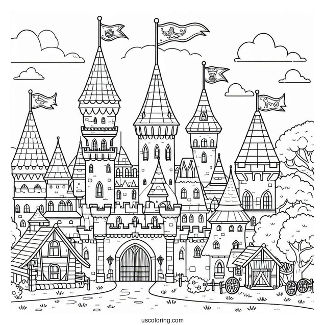 Castle Coloring Page With Flags In A Village For Kids
